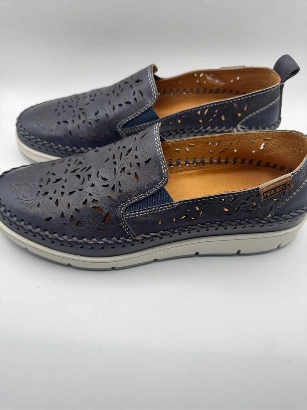 Pikolinos Navy Laser Cut Leather Slip On Loafers Shoes EU 38 US 7.5